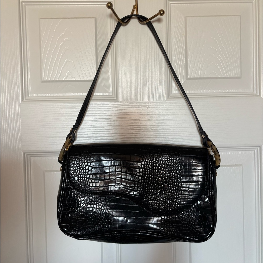 Topshop Black Croc-Embossed Shoulder Bag